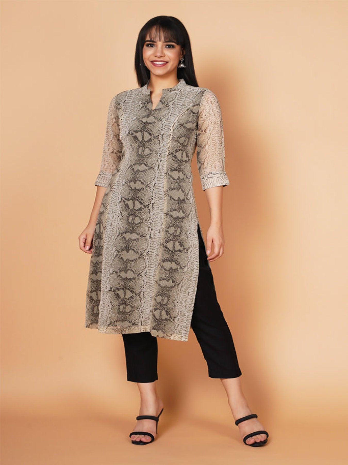 Grey animal-printed straight-fit kurta