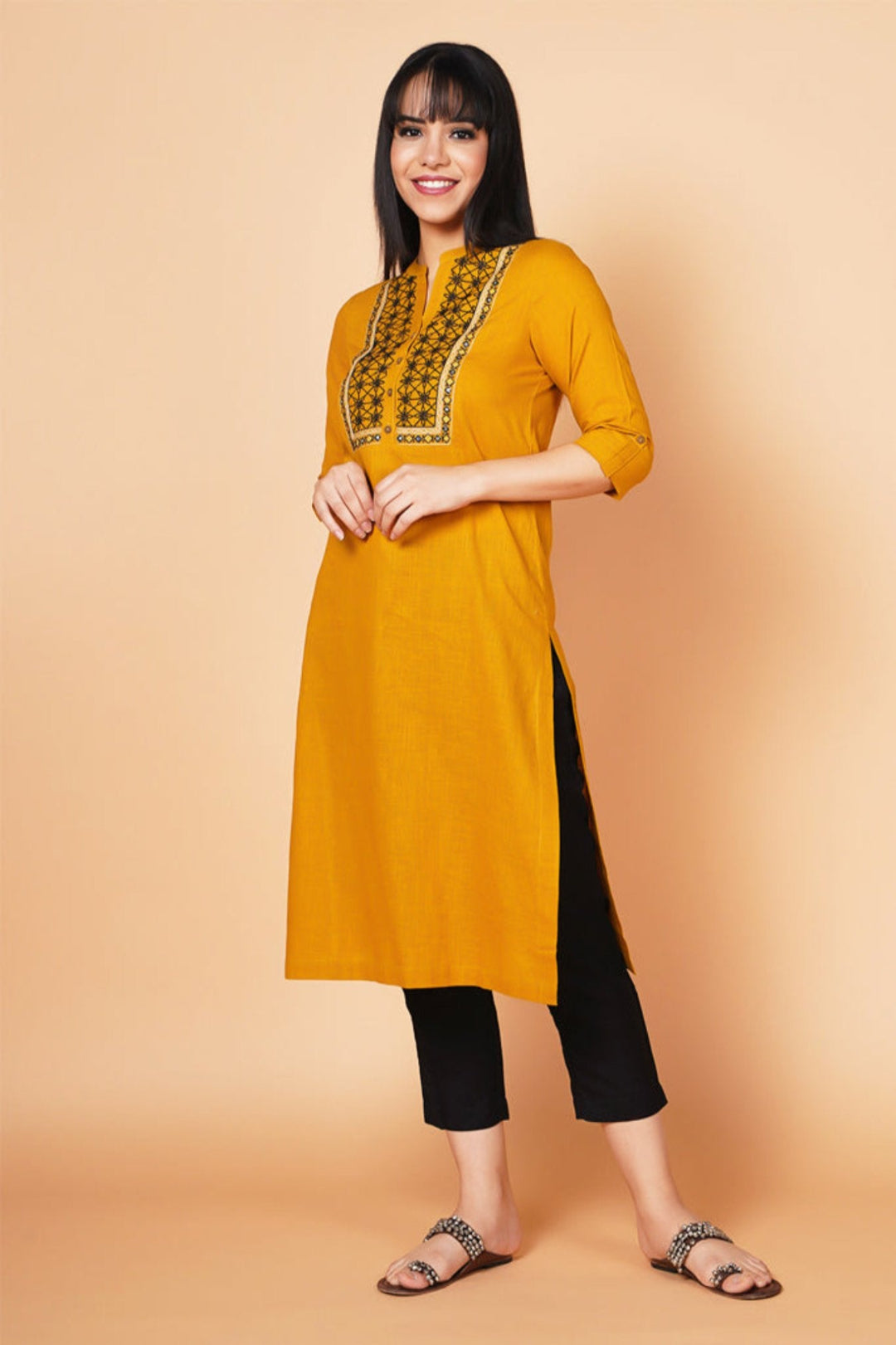 Mustard Yoke Embroidered Straight-fit Kurta