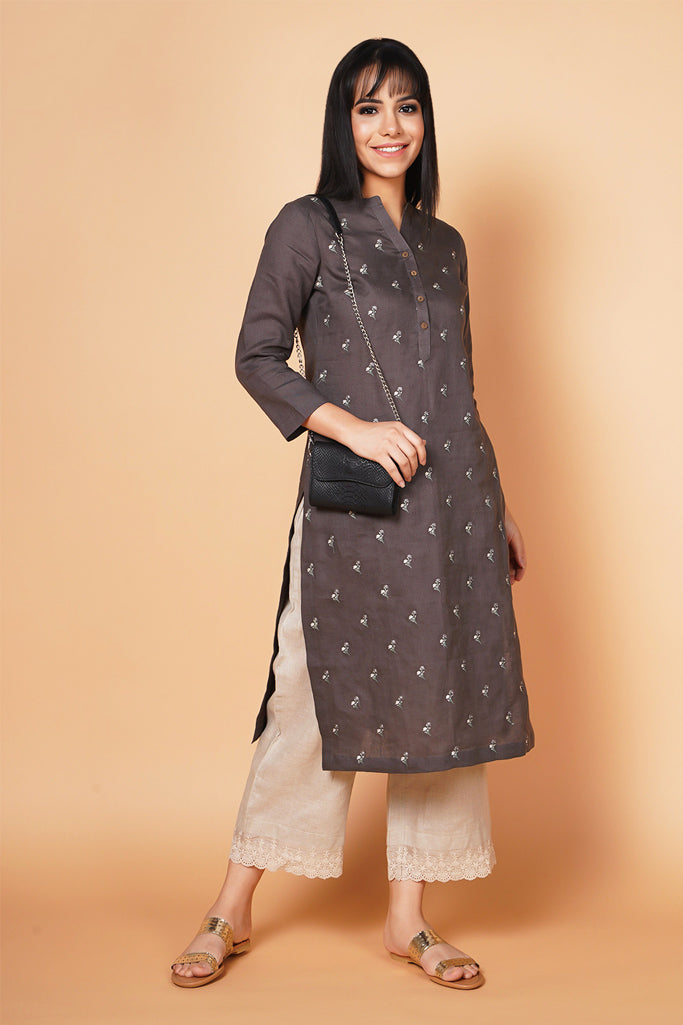 Charcoal Floral Embroidered Linen Kurta
