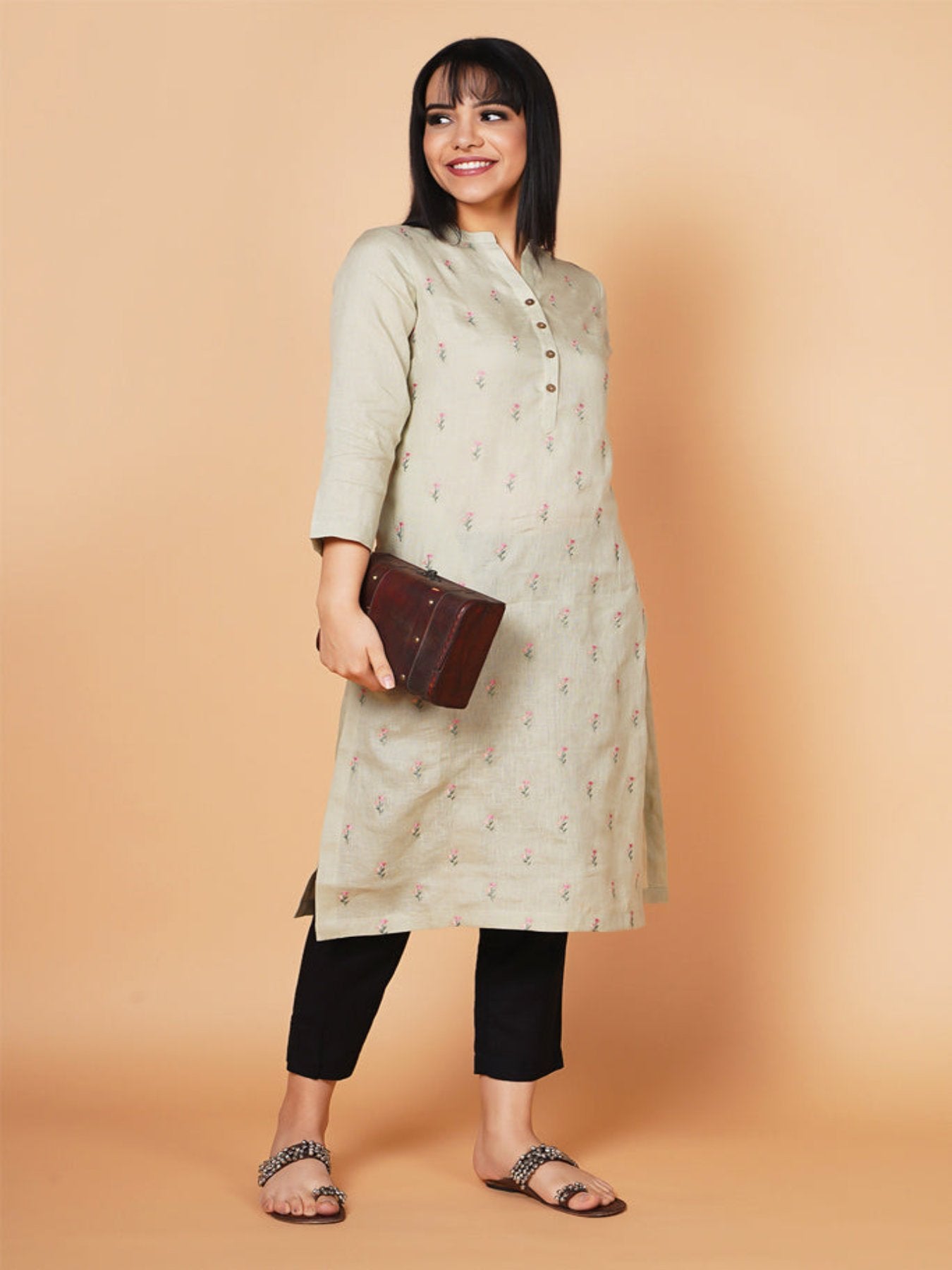 Pistachio Floral Embroidered Linen Kurta