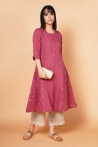 Old Rose A Line Embroidered Linen Kurta