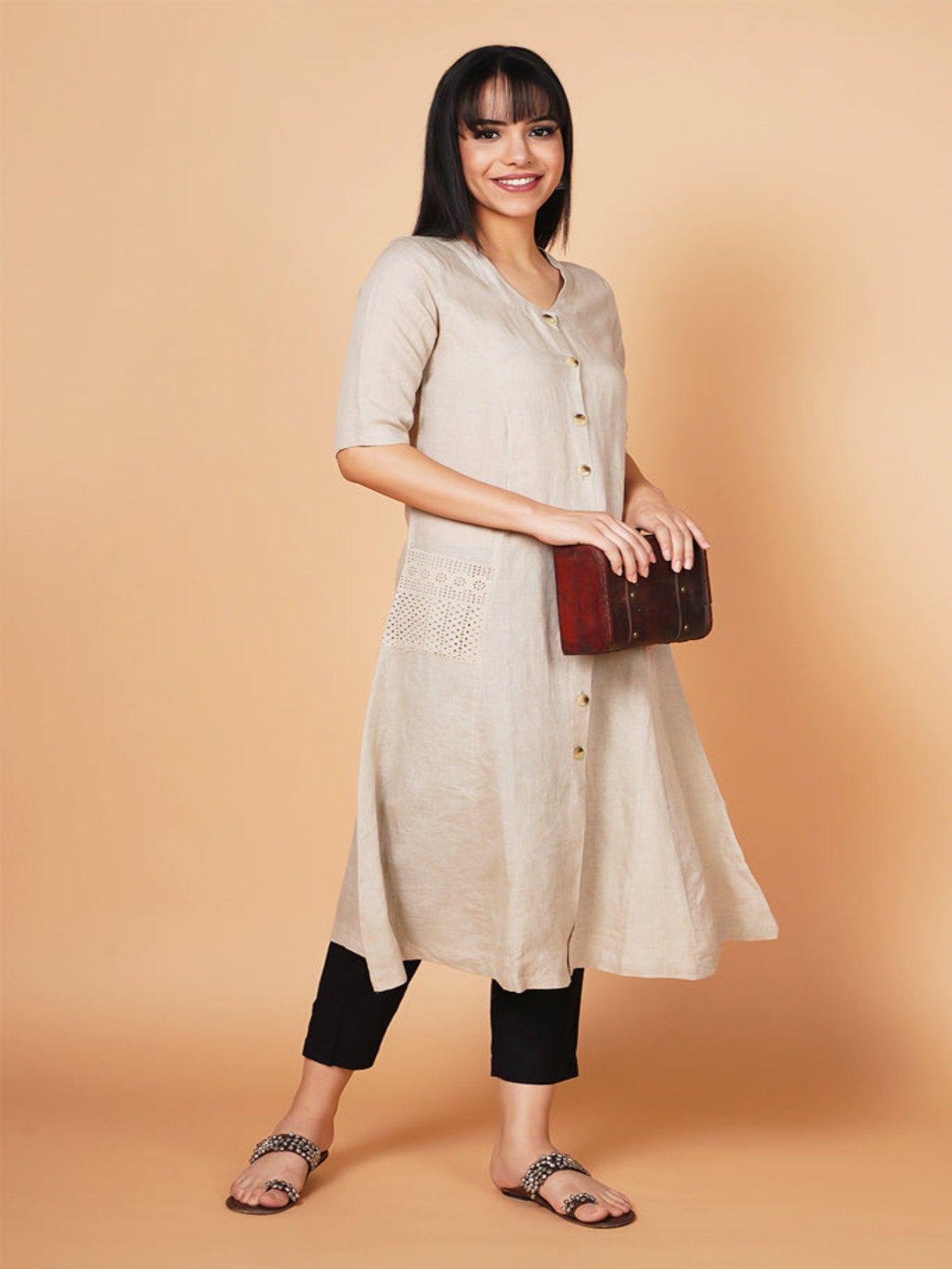 Beige A-line Linen Kurta