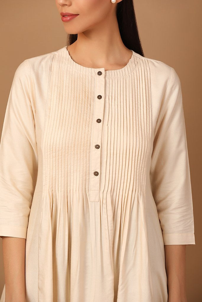 A-Line Beige Kurta With Pleated Pattern Design - Barara Official