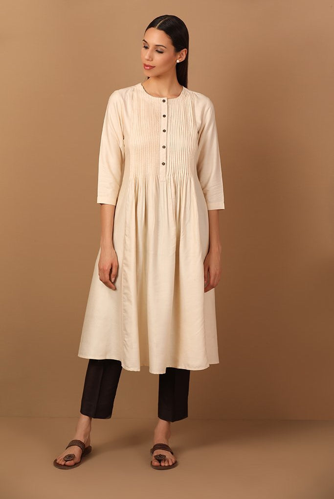 A-Line Beige Kurta With Pleated Pattern Design - Barara Official