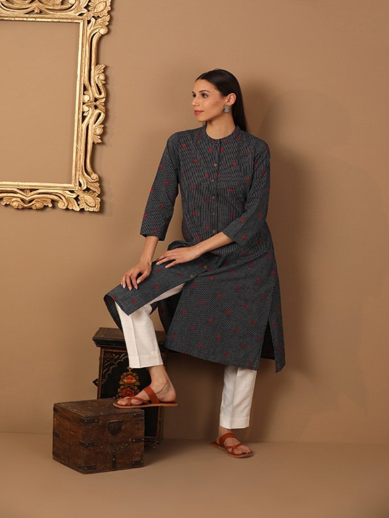 A-Line Striped Kurta With Mandarin Collar - Barara Official