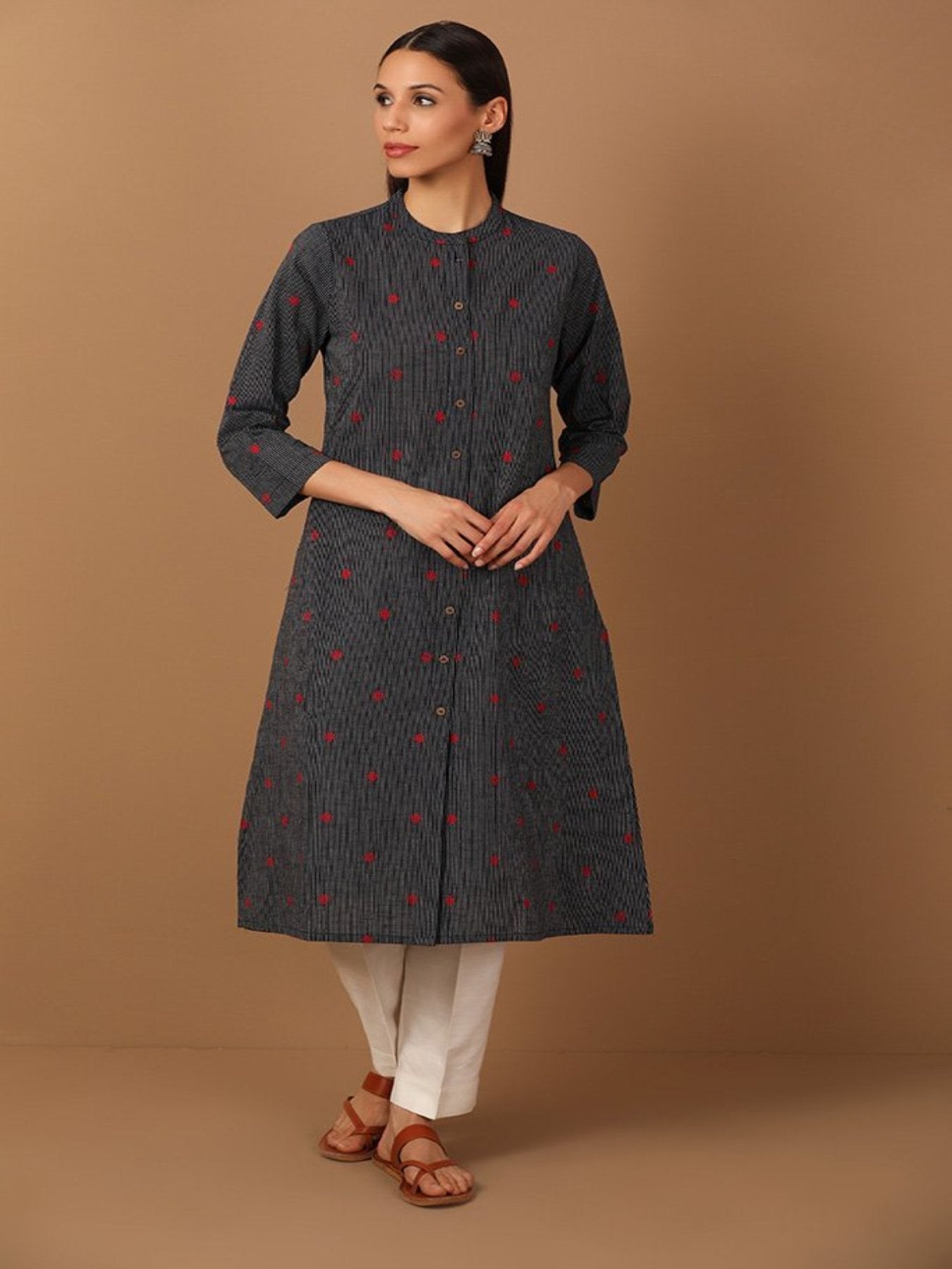 A-Line Striped Kurta With Mandarin Collar - Barara Official