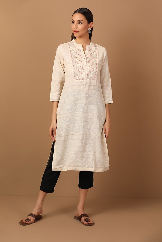 Beige Toned Kurta With Thread and Mirror Work - Barara Official