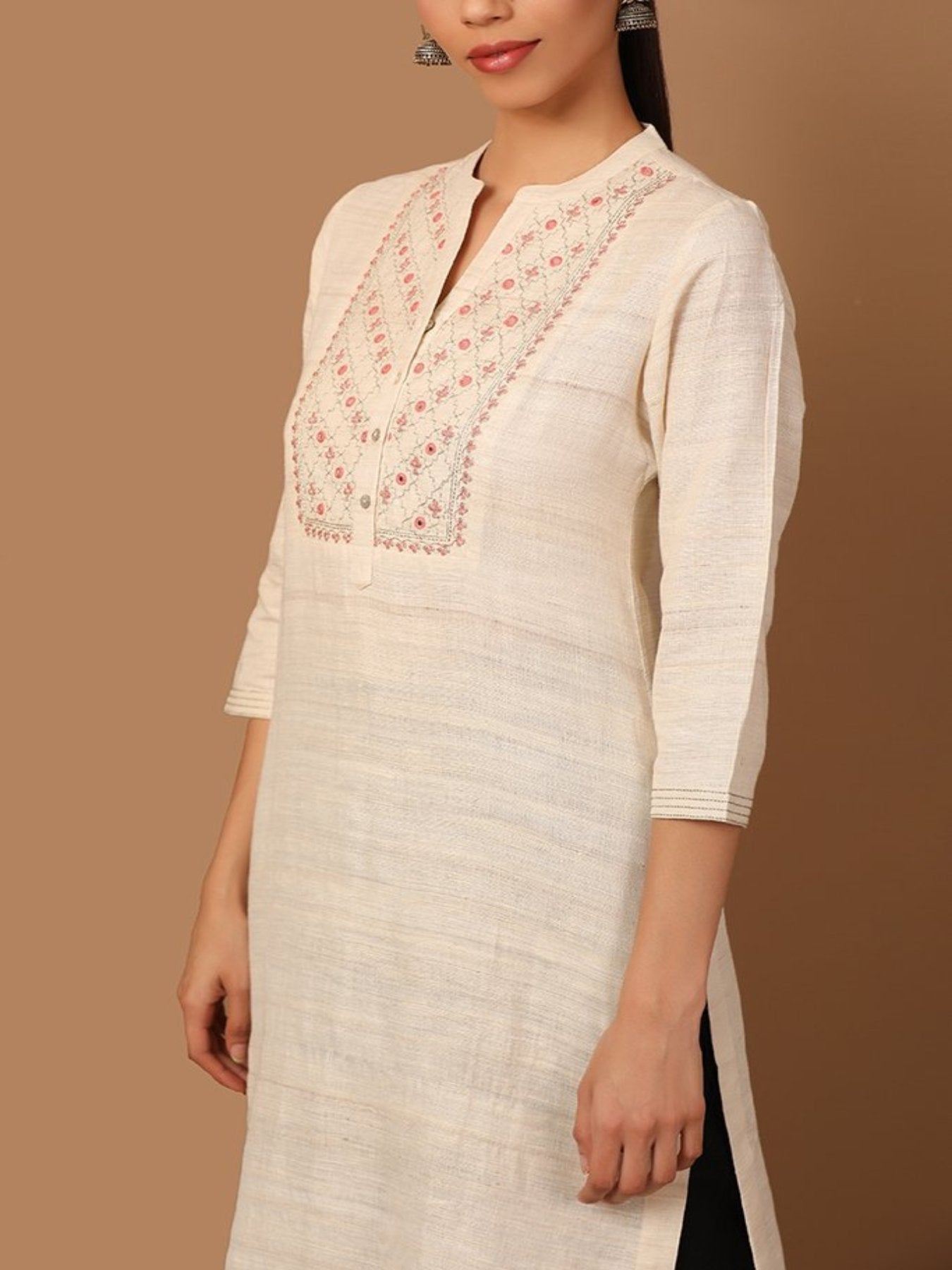 Beige Toned Kurta With Thread and Mirror Work - Barara Official