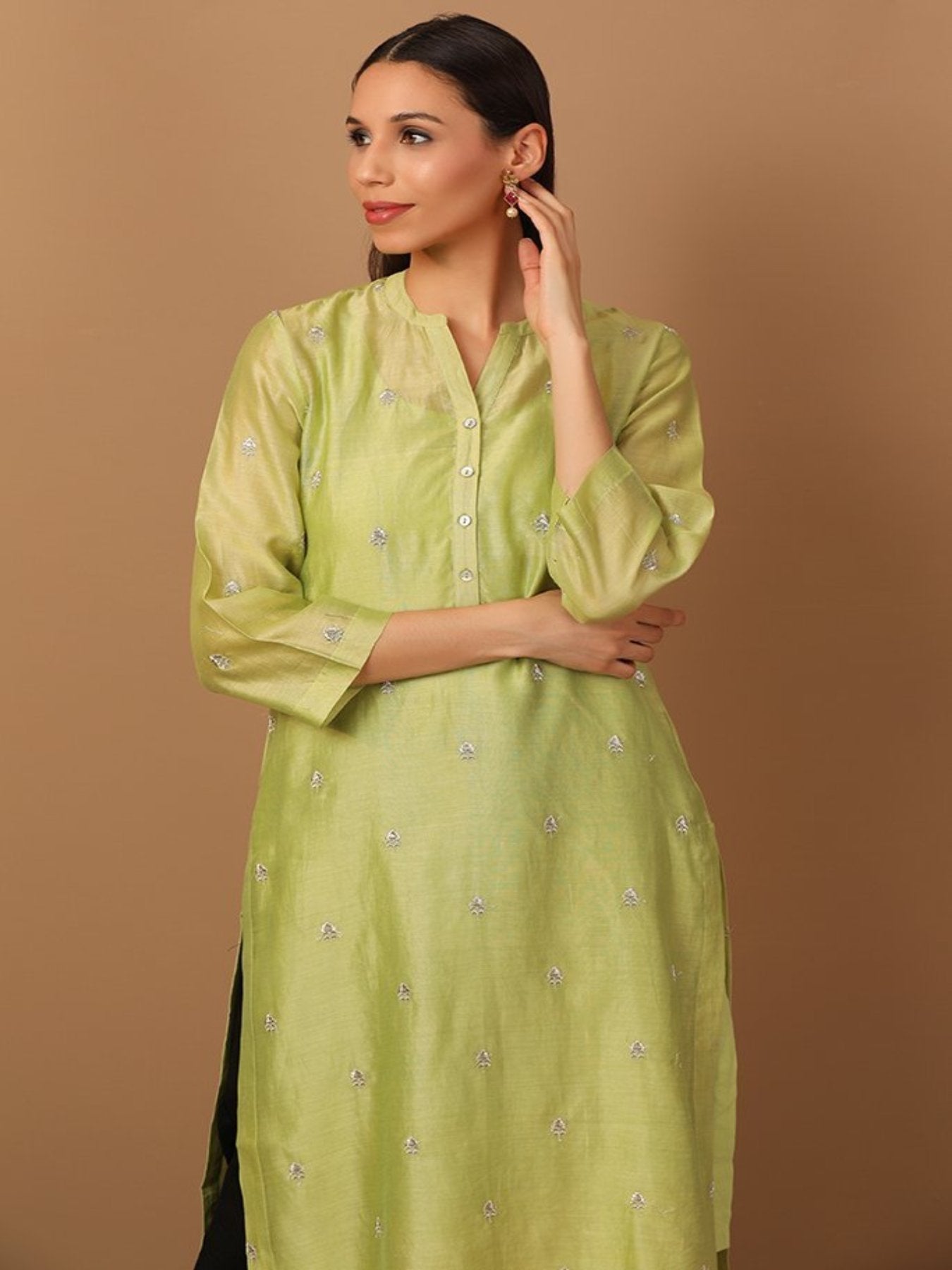 Chartreuse Green Kurta With Intricate Thread work - Barara Official