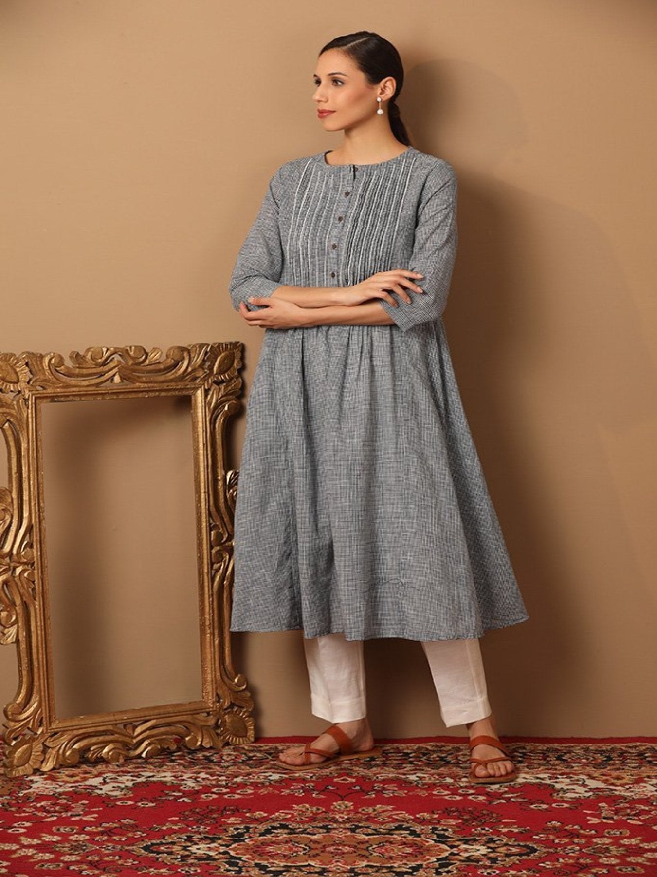 Chequered Pattern A-Line Kurta With Bead Work - Barara Official