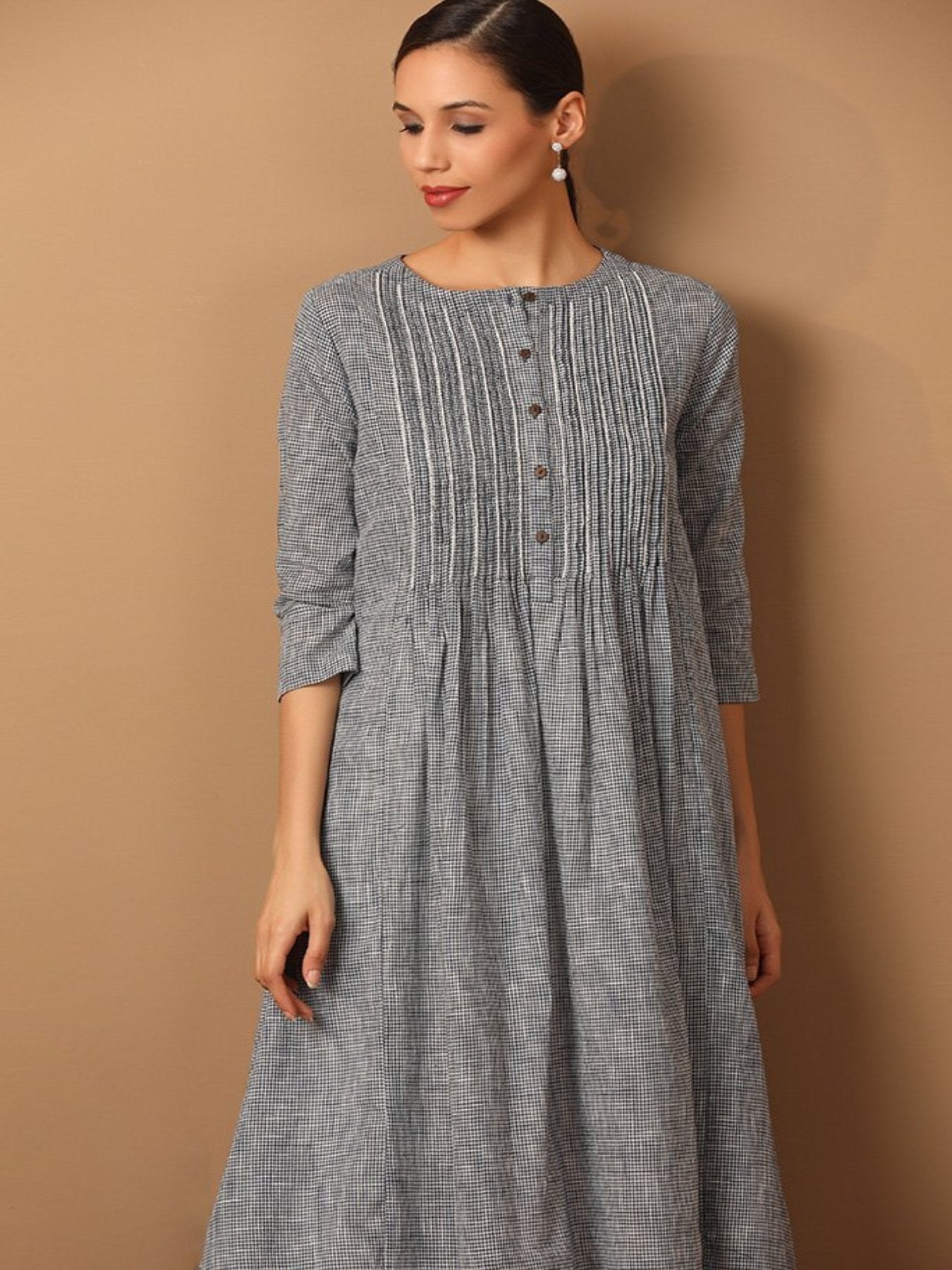 Chequered Pattern A-Line Kurta With Bead Work - Barara Official