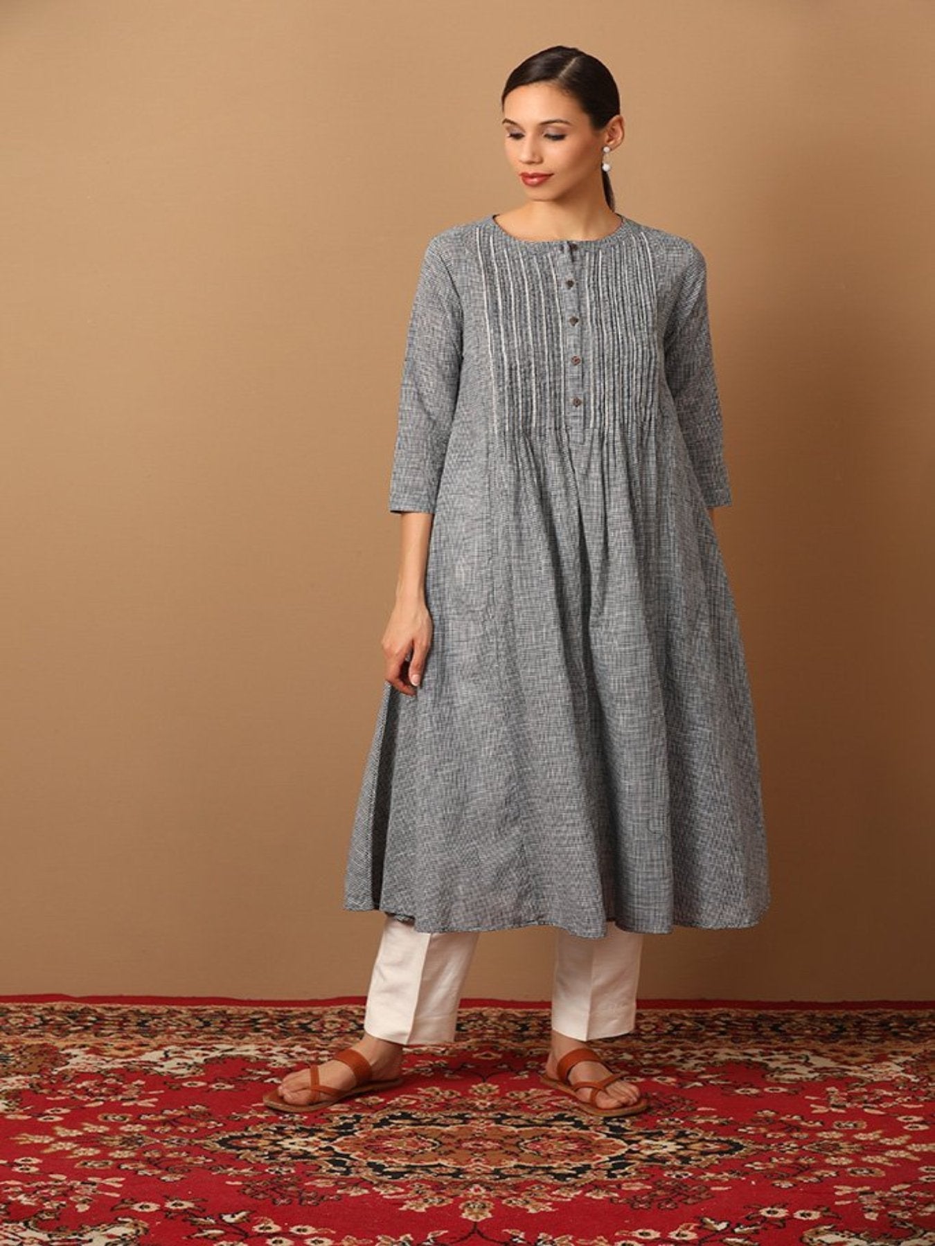 Chequered Pattern A-Line Kurta With Bead Work - Barara Official