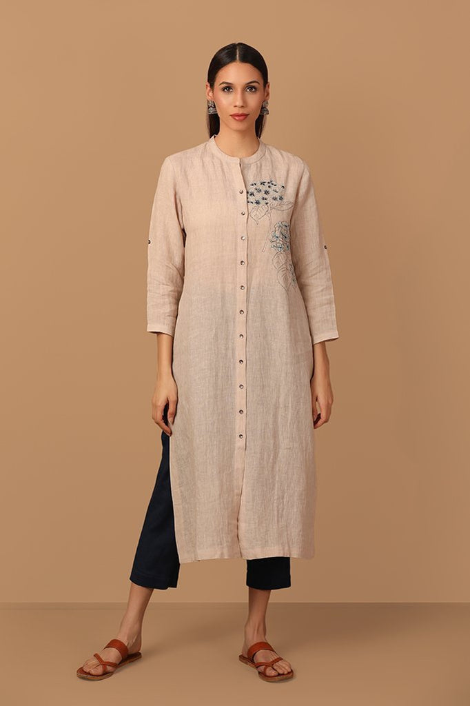 Earthy Toned Long Kurta With Delicate Flower Pattern - Barara Official