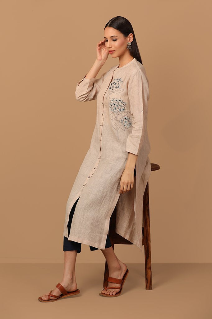 Earthy Toned Long Kurta With Delicate Flower Pattern - Barara Official