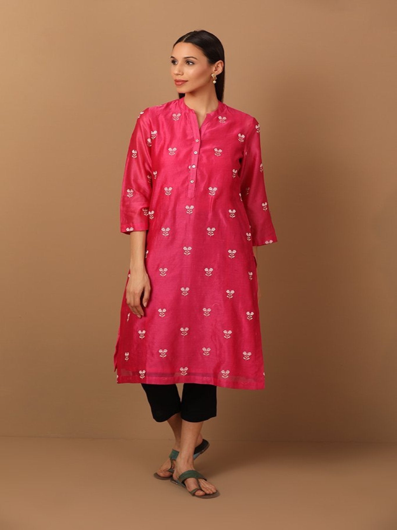 Fuchsia Pink Kurta With Mandarin Neckline - Barara Official