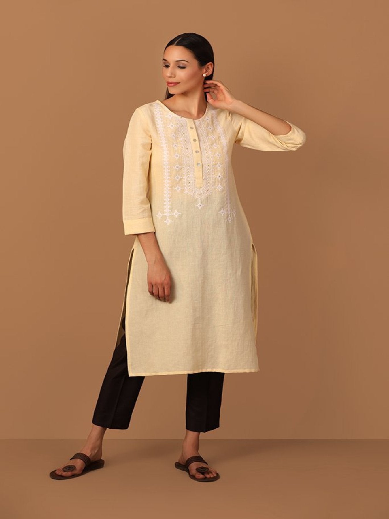 Parchment Yellow Kurta With With Thread and Mirror Work - Barara Official