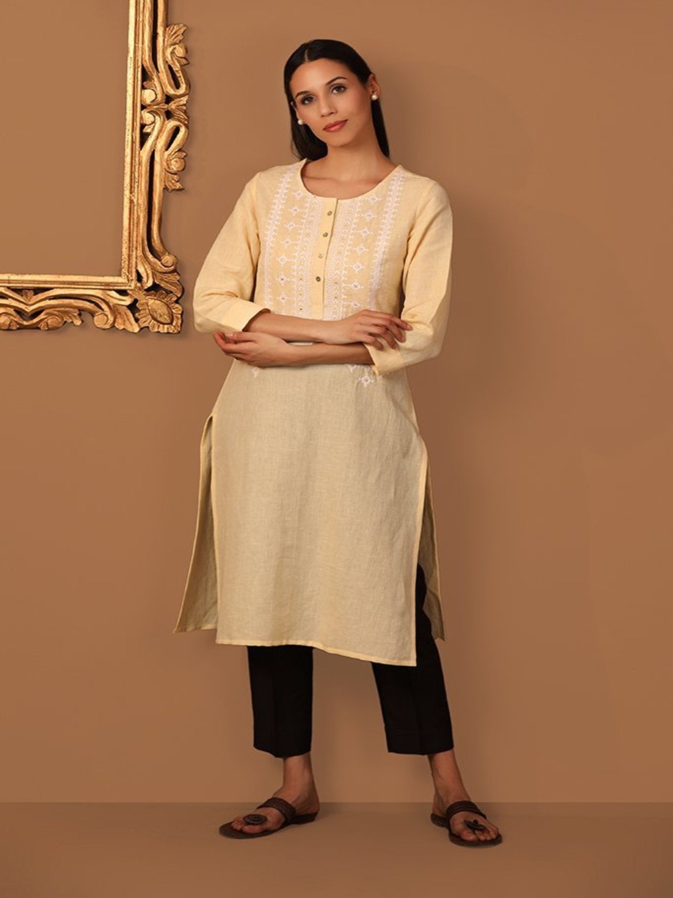 Parchment Yellow Kurta With With Thread and Mirror Work - Barara Official