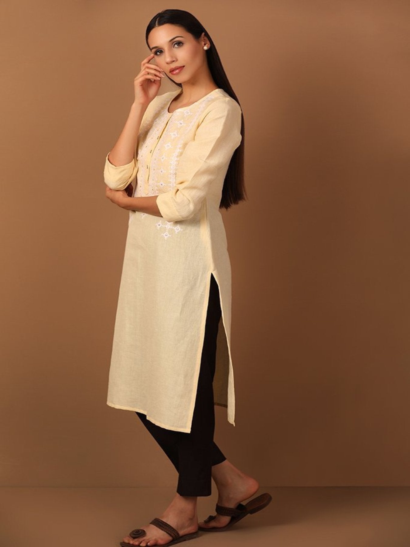 Parchment Yellow Kurta With With Thread and Mirror Work - Barara Official