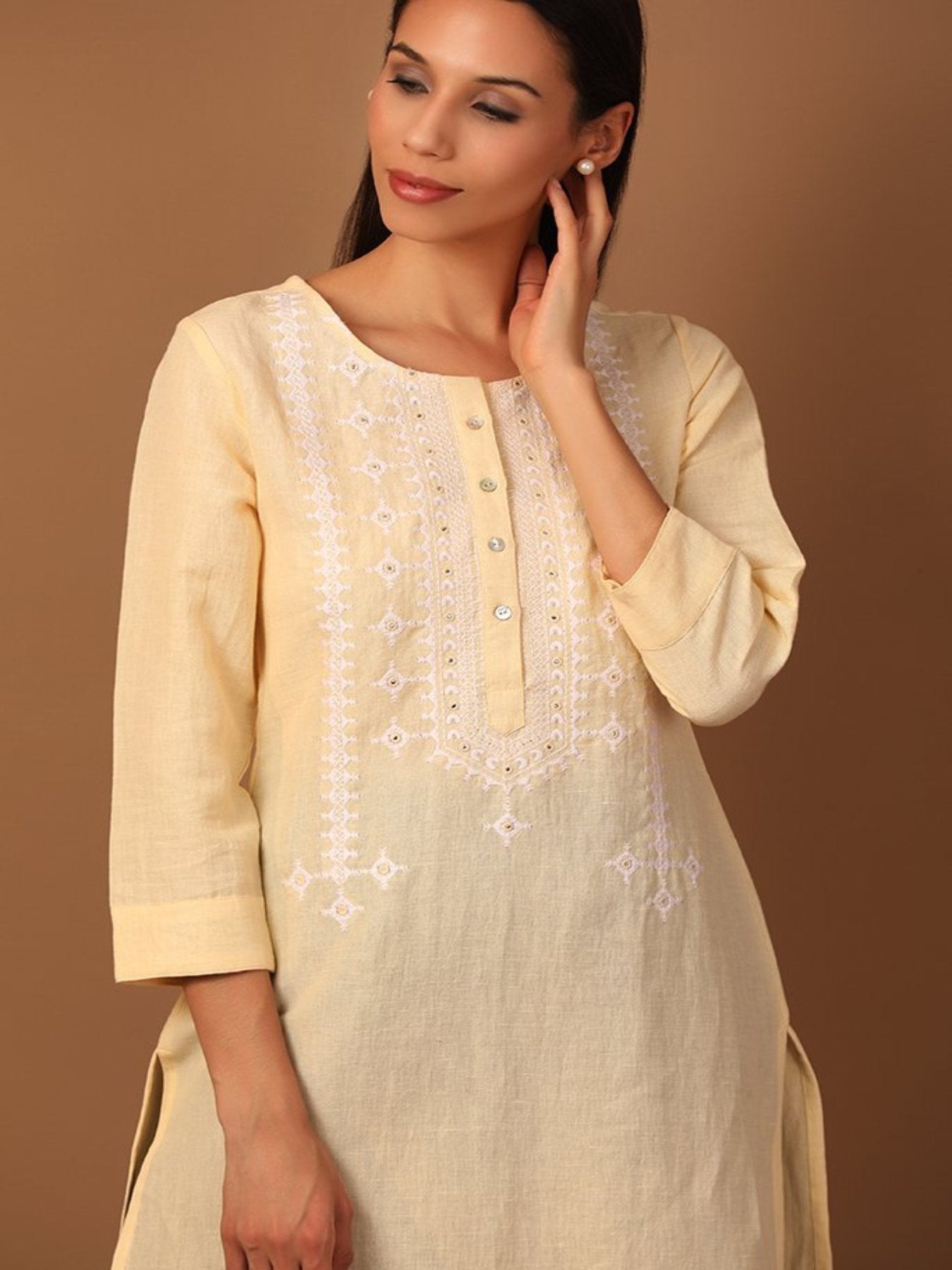 Parchment Yellow Kurta With With Thread and Mirror Work - Barara Official