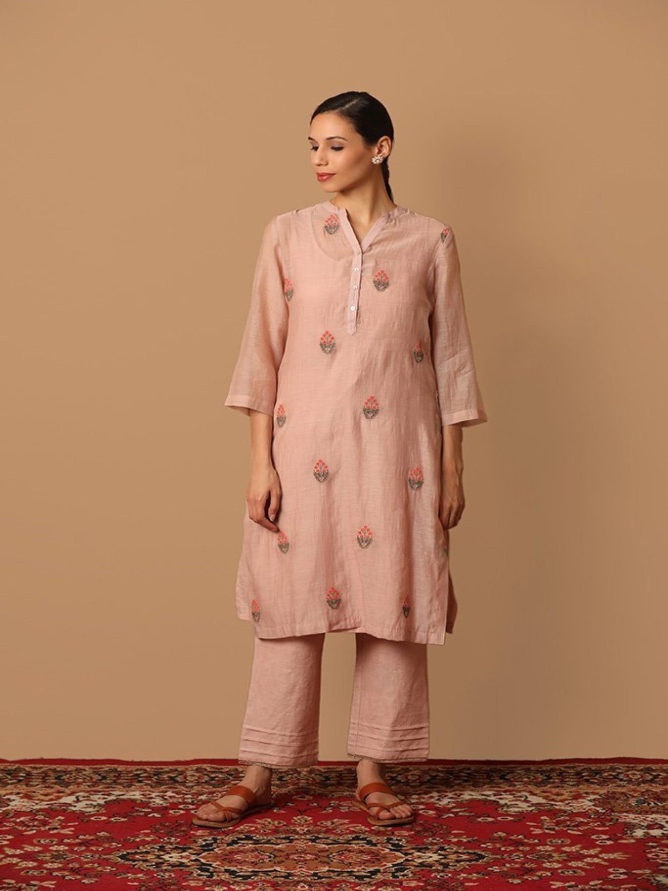 Peachy Fusion Kurta Set With Dainty Thread Work - Barara Official