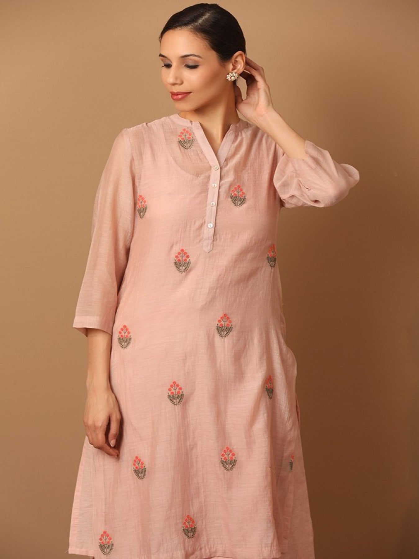 Peachy Fusion Kurta Set With Dainty Thread Work - Barara Official