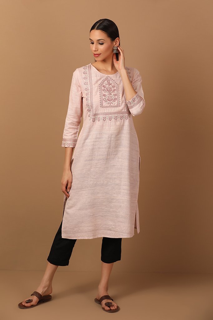 Pearly Peach Straight-fit Kurta With Rounded Neckline - Barara Official