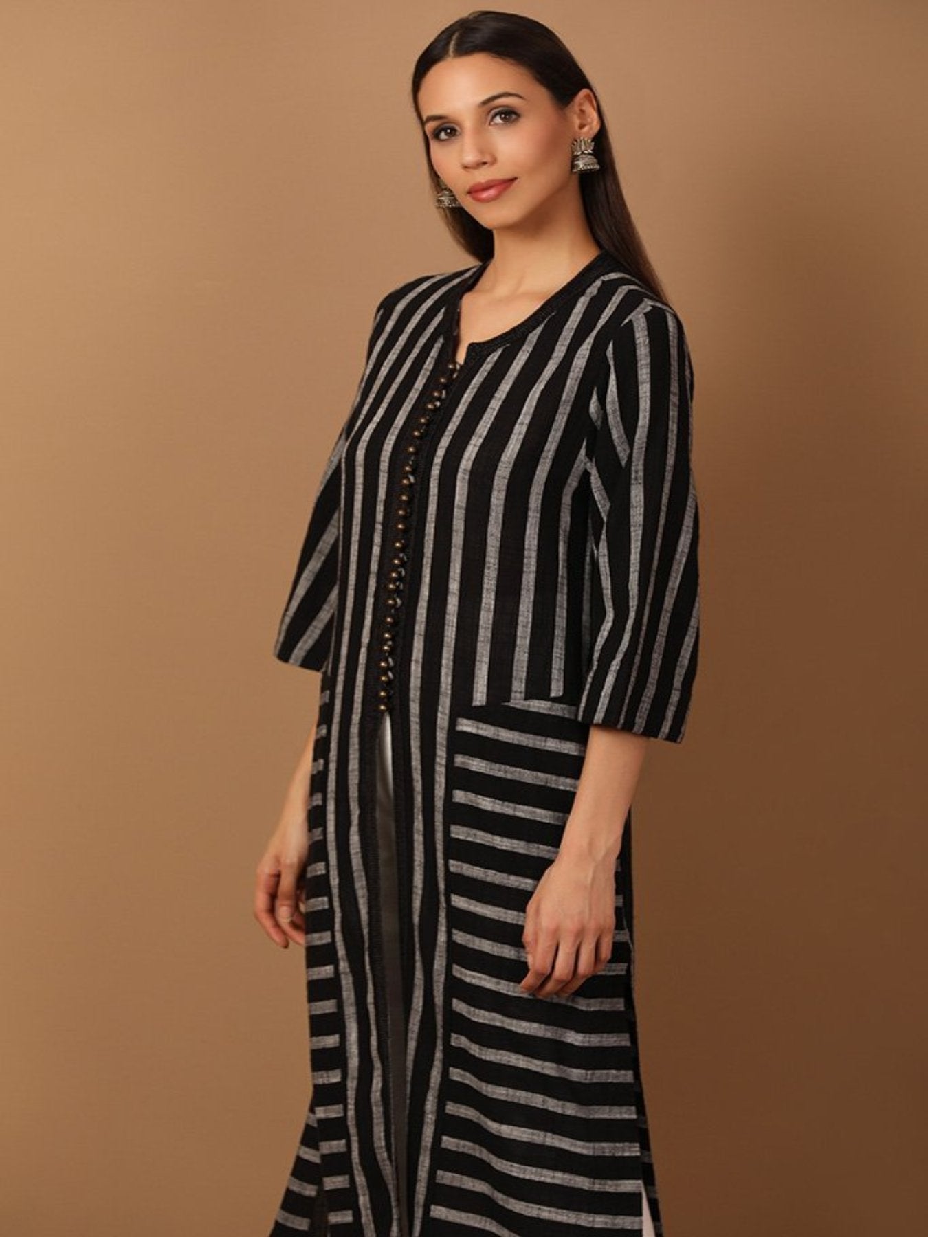 Silver Striped Black Kurta With Laced Neckline - Barara Official