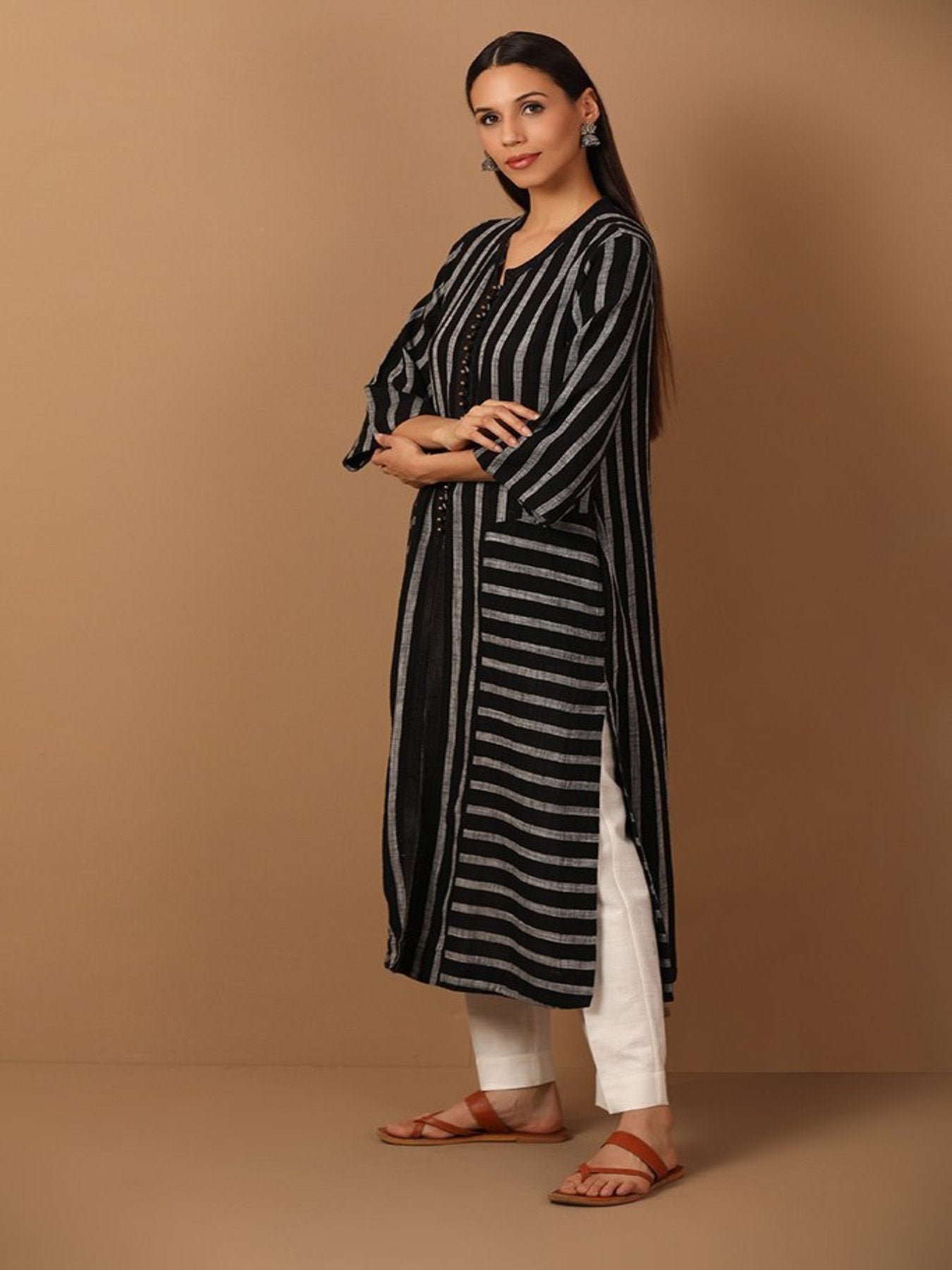 Silver Striped Black Kurta With Laced Neckline - Barara Official