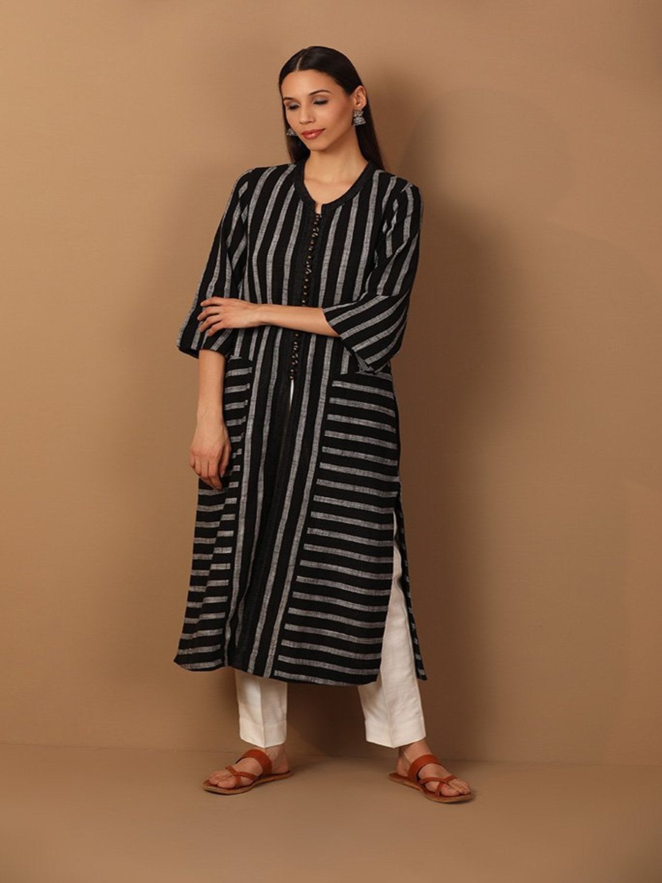 Silver Striped Black Kurta With Laced Neckline - Barara Official