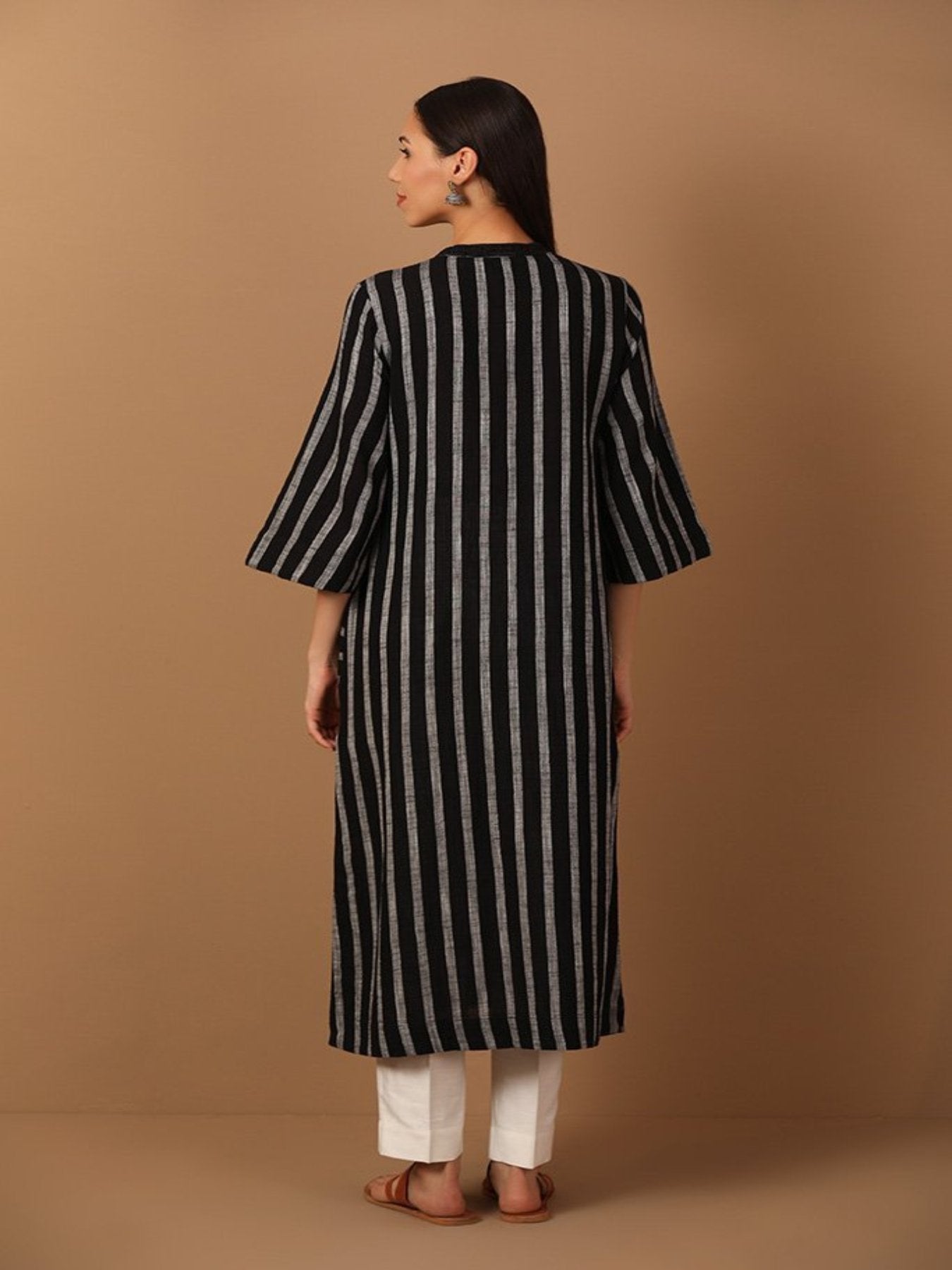 Silver Striped Black Kurta With Laced Neckline - Barara Official