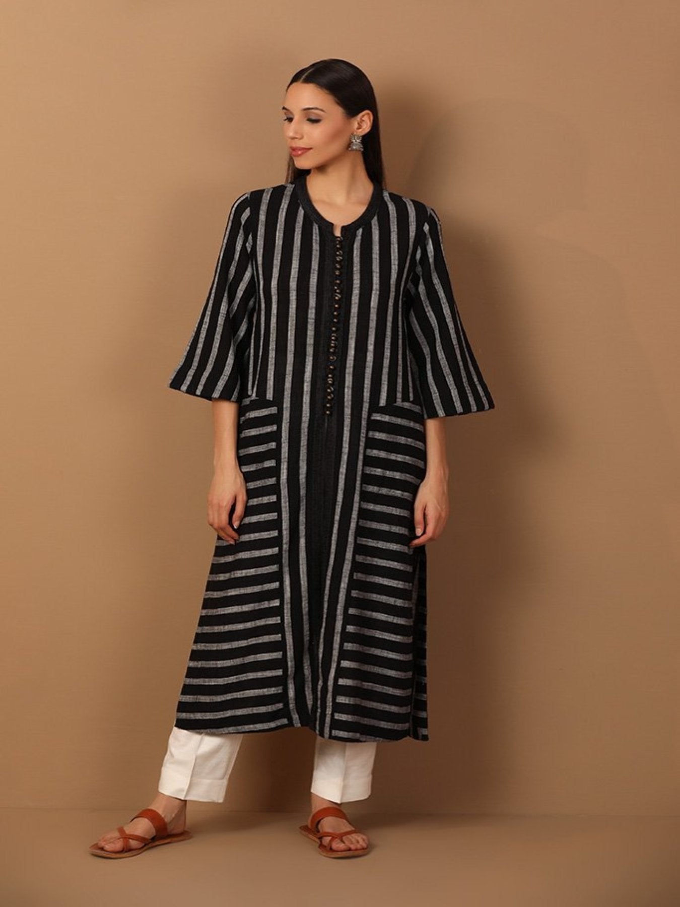 Silver Striped Black Kurta With Laced Neckline - Barara Official