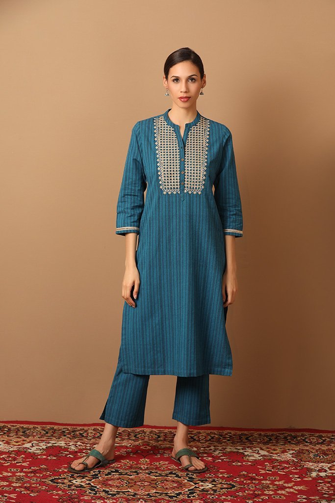 Turquoise Blue Striped Kurta Set With Embroidery Work - Barara Official