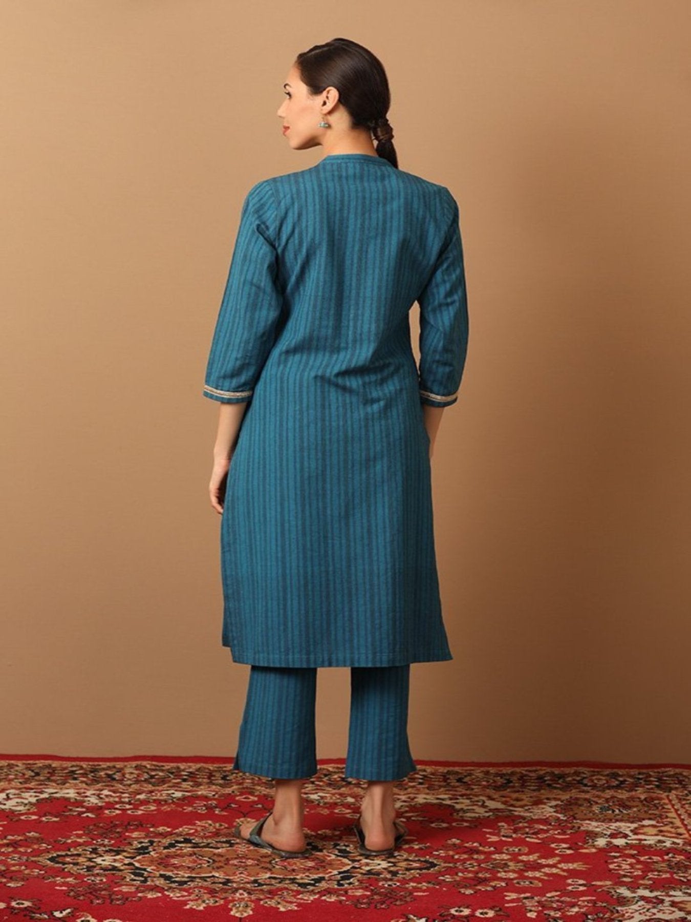 Turquoise Blue Striped Kurta Set With Embroidery Work - Barara Official