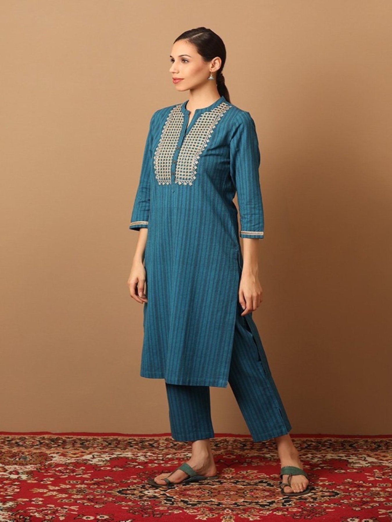 Turquoise Blue Striped Kurta Set With Embroidery Work - Barara Official