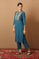 Turquoise Blue Striped Kurta Set With Embroidery Work - Barara Official