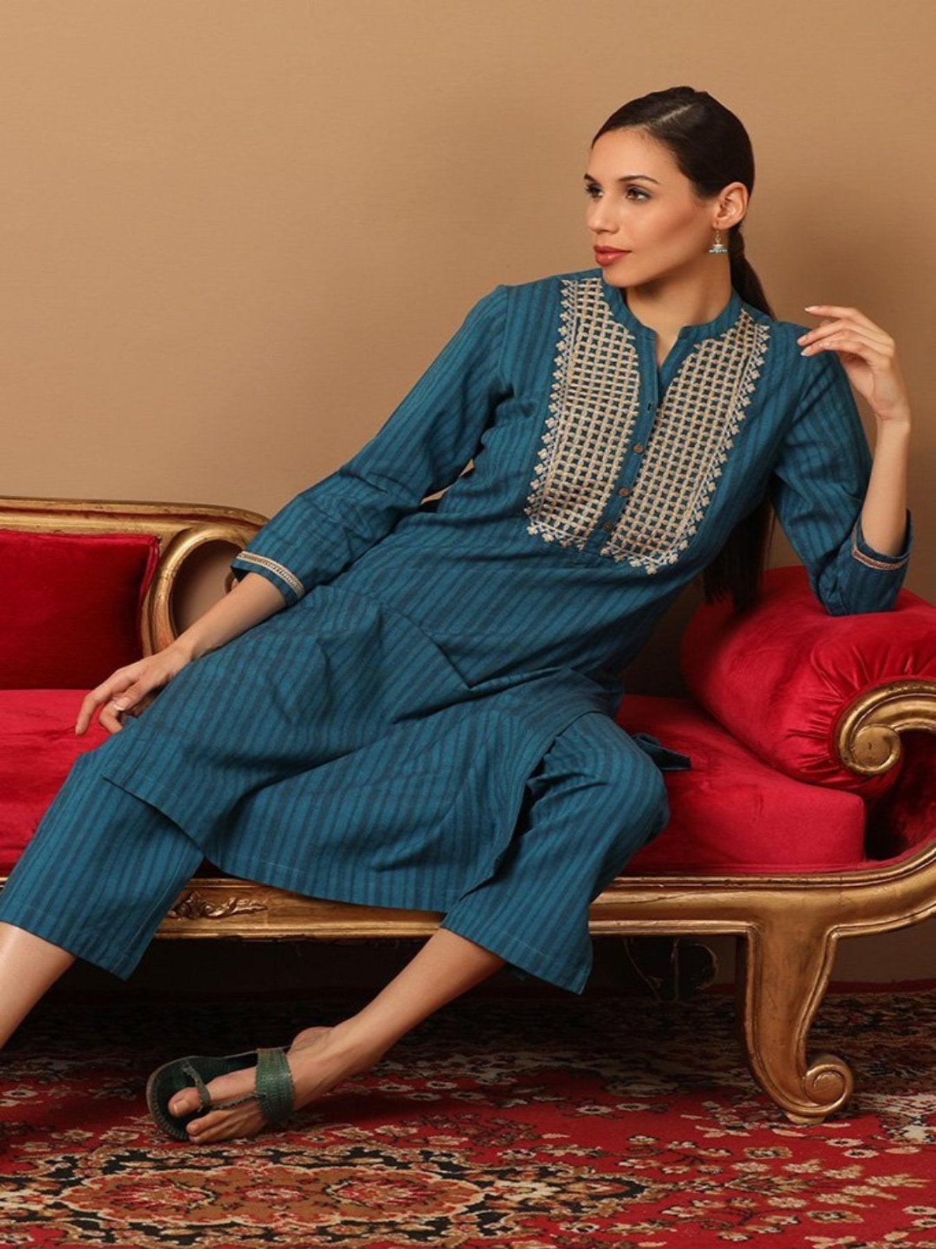 Turquoise Blue Striped Kurta Set With Embroidery Work - Barara Official