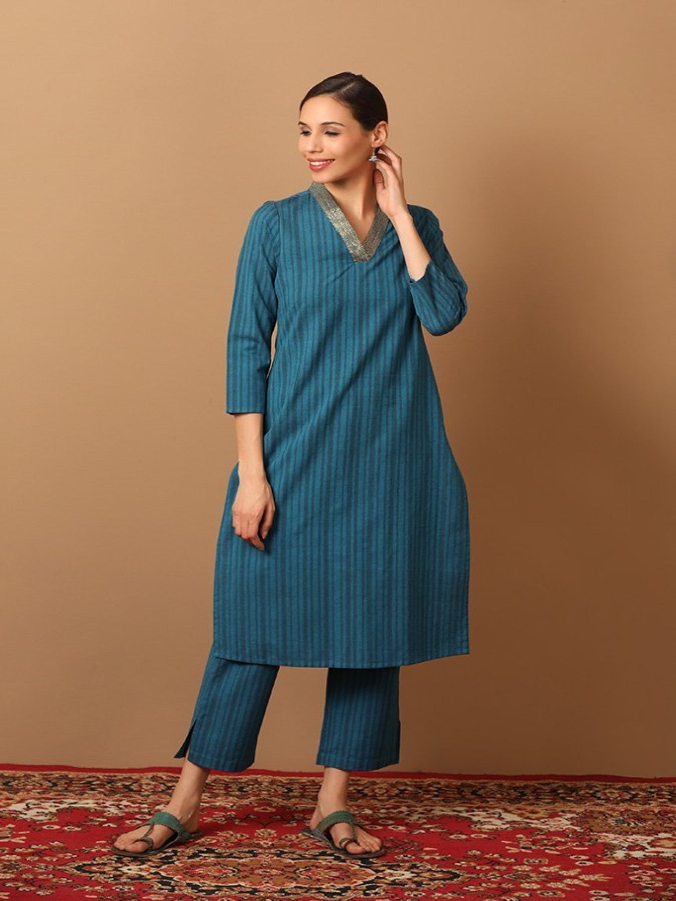 Turquoise Blue Striped Kurta Set With Folded Neck Design - Barara Official