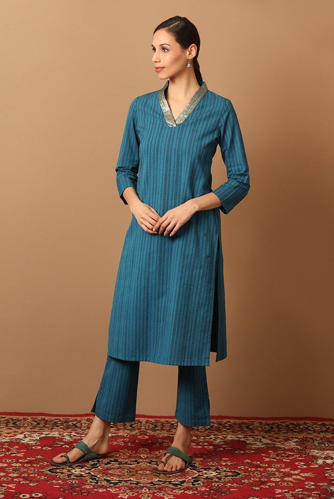 Turquoise Blue Striped Kurta Set With Folded Neck Design - Barara Official