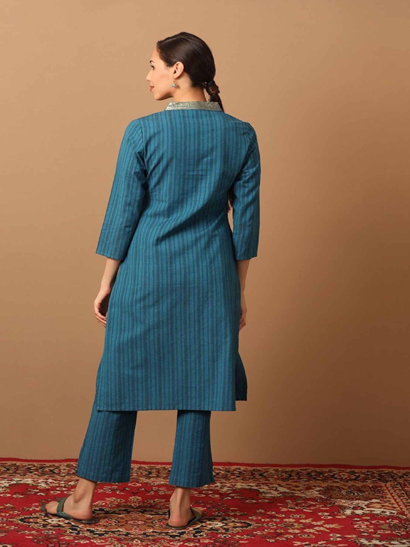 Turquoise Blue Striped Kurta Set With Folded Neck Design - Barara Official