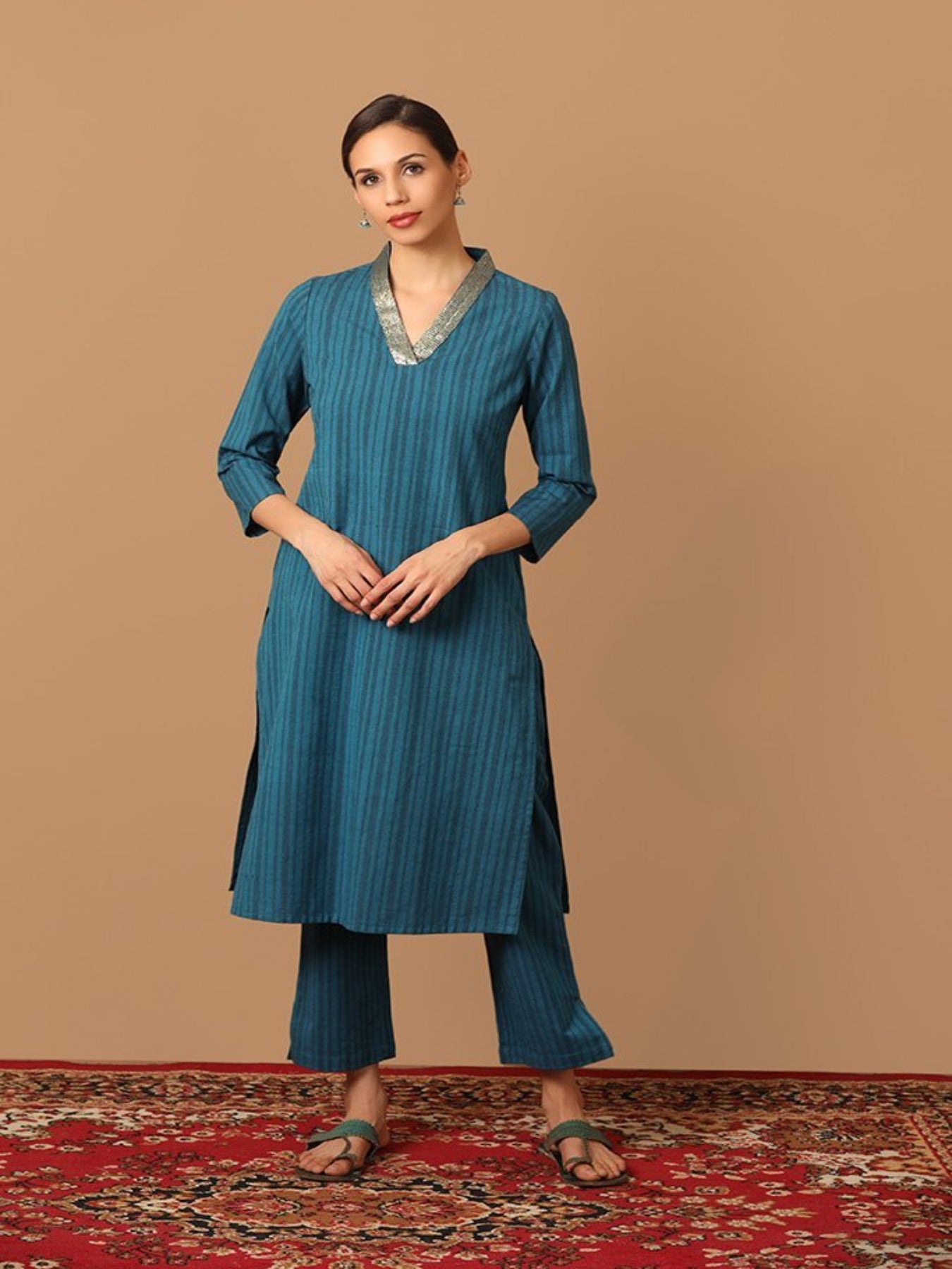 Turquoise Blue Striped Kurta Set With Folded Neck Design - Barara Official